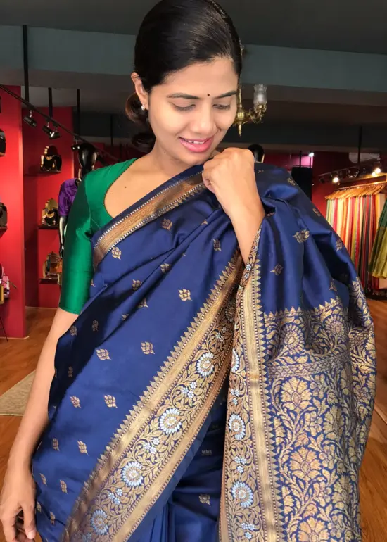 Navyblue Banarasi Silk Saree highlighted with Gold Weaves