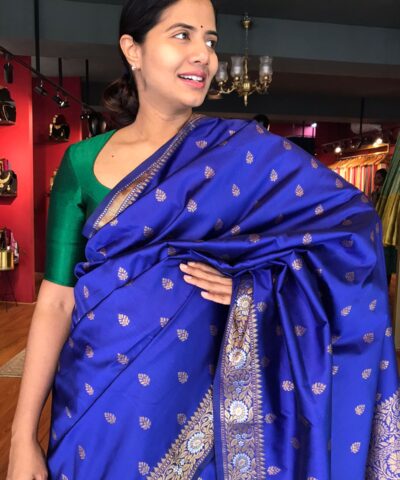 Royal Blue Banarasi Silk Saree highlighted with Gold Weaves