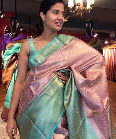 Onion Pink Kora Silk Saree highlighted with contrast woven border