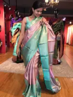Onion Pink Kora Silk Saree highlighted with contrast woven border - Image 3