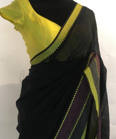 Black Mangalagiri Handwoven Cotton Saree highlighted with Contrast Border