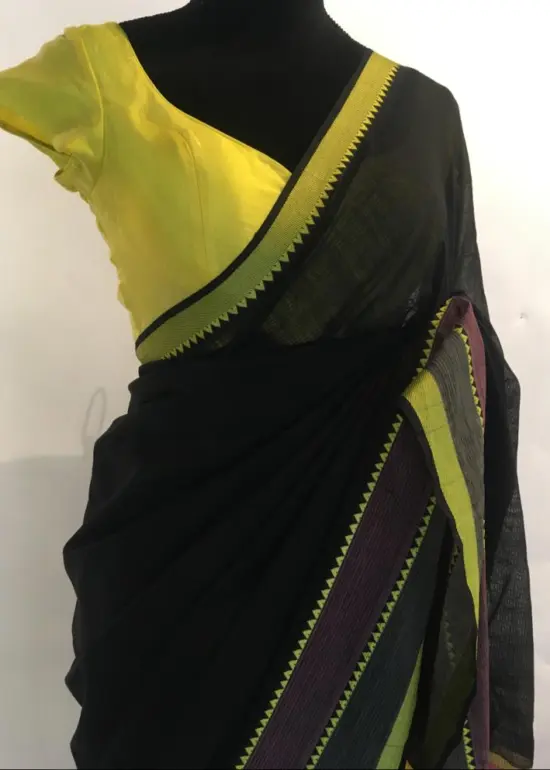 Black Mangalagiri Handwoven Cotton Saree highlighted with Contrast Border