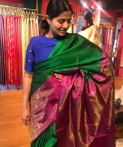 Bottle Green Kanjivaram Silk Saree with Handwoven Gold zari weaves