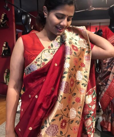 Maroon Crepe Silk Saree with Gold Zari Buttas highlighted with Paithani Weaves