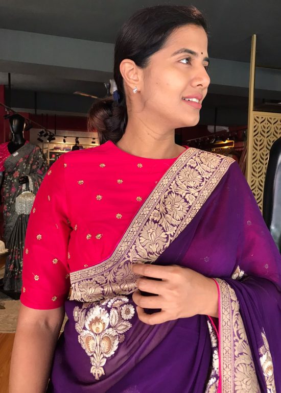 Hot Pink Raw Silk Blouse highlighted with Sequins Embroidery
