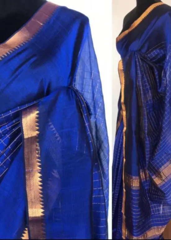 Royal Blue Mangalagiri Silk Saree with Gold Zari Checks