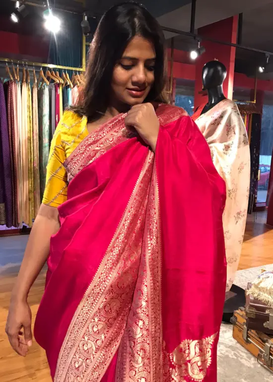 Hot Pink Dola Silk Saree with Antique Zari Weaves