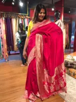 Hot Pink Dola Silk Saree with Antique Zari Weaves - Image 4