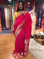 Hot Pink Dola Silk Saree with Antique Zari Weaves - Image 2