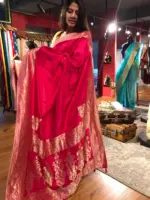 Hot Pink Dola Silk Saree with Antique Zari Weaves - Image 3