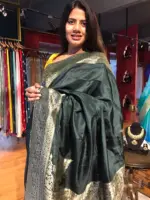 Dark Green Dola Silk Saree with Antique Zari Weaves - Image 4