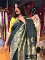 Dark Green Dola Silk Saree with Antique Zari Weaves - Image 5