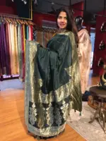 Dark Green Dola Silk Saree with Antique Zari Weaves - Image 3