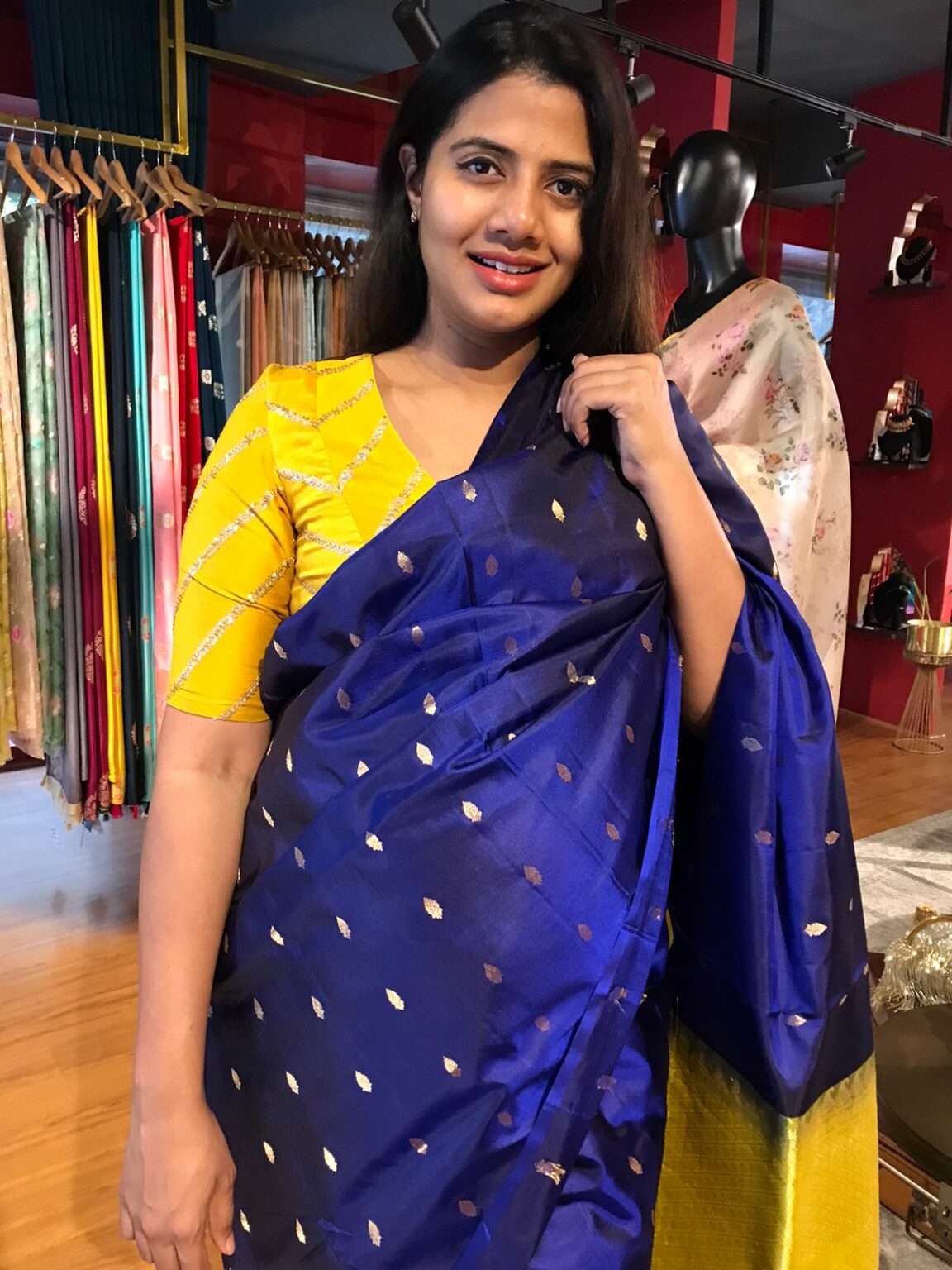 Blue Banana Pith Saree Highlighted with Square Zari Buttas, Bavanji Border, Gleaming Zari Striped Pallu, and Paired with a Matching Plain Blouse main image 0