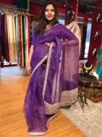 Purple Leheriya Organza Silk Saree highlighted with Hand Embroidered Border - Image 2