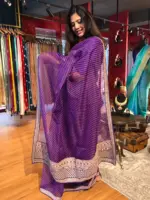 Purple Leheriya Organza Silk Saree highlighted with Hand Embroidered Border - Image 3
