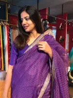 Purple Leheriya Organza Silk Saree highlighted with Hand Embroidered Border - Image 6