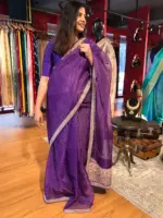 Purple Leheriya Organza Silk Saree highlighted with Hand Embroidered Border - Image 5