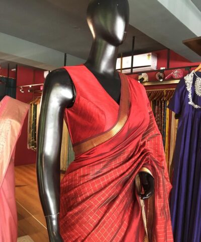 Maroon Mangalagiri Silk Saree Handwoven in Gold Zari Checks