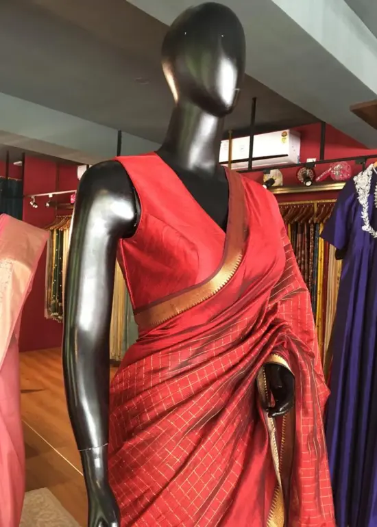 Maroon Mangalagiri Silk Saree Handwoven in Gold Zari Checks