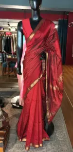 Maroon Mangalagiri Silk Saree Handwoven in Gold Zari Checks - Image 4