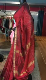 Maroon Mangalagiri Silk Saree Handwoven in Gold Zari Checks - Image 2