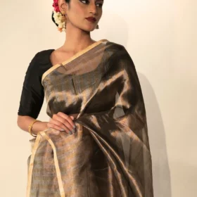 Gold Silver Organza Tissue Silk Saree highlighted with Resham Zari Stripes