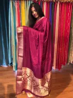 Dark Magenta Dola Silk Saree highlighted with Gold Zari Border - Image 2