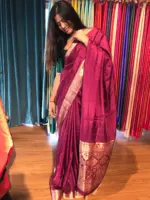 Dark Magenta Dola Silk Saree highlighted with Gold Zari Border - Image 5