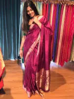 Dark Magenta Dola Silk Saree highlighted with Gold Zari Border - Image 4