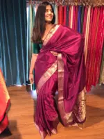 Dark Magenta Dola Silk Saree highlighted with Gold Zari Border - Image 3