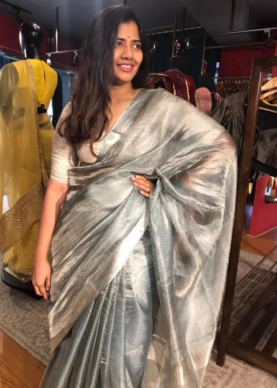 Steel Blue Pure Tissue Silk Saree