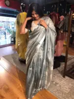 Steel Blue Pure Tissue Silk Saree - Image 4