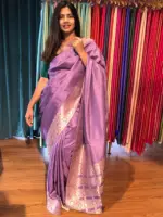 Lilac Dola Silk Saree highlighted with Gold Zari Border - Image 4