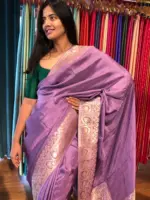 Lilac Dola Silk Saree highlighted with Gold Zari Border - Image 5
