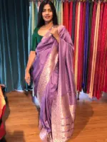 Lilac Dola Silk Saree highlighted with Gold Zari Border - Image 3