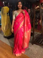 Pink Banarasi Tissue Silk Saree highlighted with Gold Silver Zari Buttas - Image 5