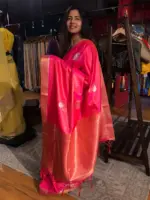 Pink Banarasi Tissue Silk Saree highlighted with Gold Silver Zari Buttas - Image 2