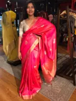 Pink Banarasi Tissue Silk Saree highlighted with Gold Silver Zari Buttas - Image 3
