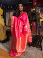 Pink Banarasi Tissue Silk Saree highlighted with Gold Silver Zari Buttas - Image 4
