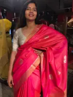 Pink Banarasi Tissue Silk Saree highlighted with Gold Silver Zari Buttas
