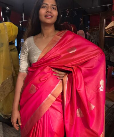 Pink Banarasi Tissue Silk Saree highlighted with Gold Silver Zari Buttas