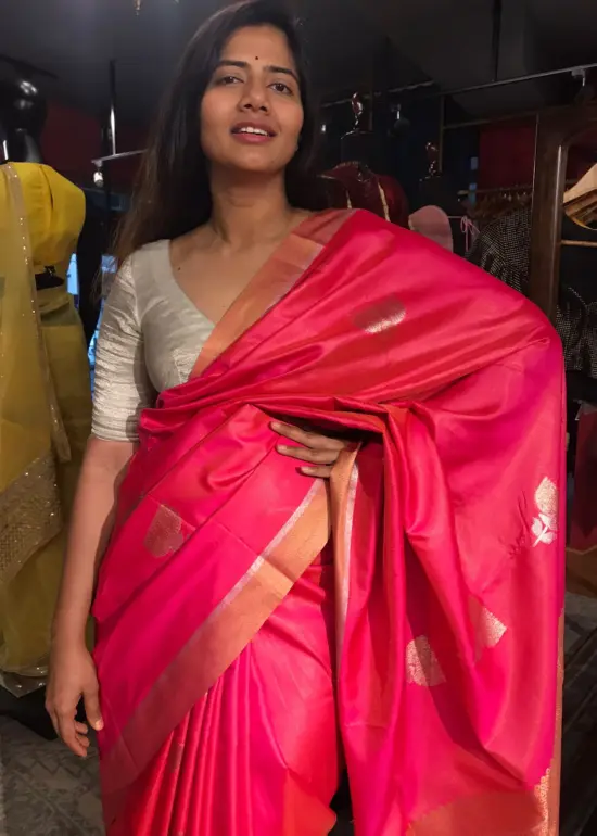 Pink Banarasi Tissue Silk Saree highlighted with Gold Silver Zari Buttas