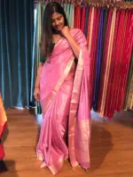 Pink Dola Silk Saree highlighted with Gold Zari Border - Image 3
