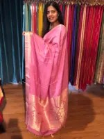 Pink Dola Silk Saree highlighted with Gold Zari Border - Image 4