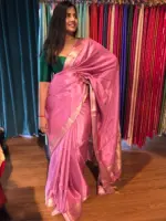 Pink Dola Silk Saree highlighted with Gold Zari Border - Image 5