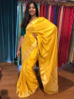 Golden Yellow Dola Silk Saree highlighted with Gold Zari Border - Image 3