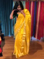Golden Yellow Dola Silk Saree highlighted with Gold Zari Border - Image 5