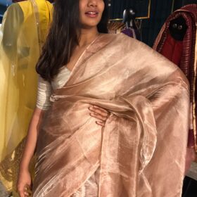 Peach Pure Tussar Tissue Silk Saree