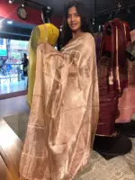 Peach Pure Tussar Tissue Silk Saree - Image 3